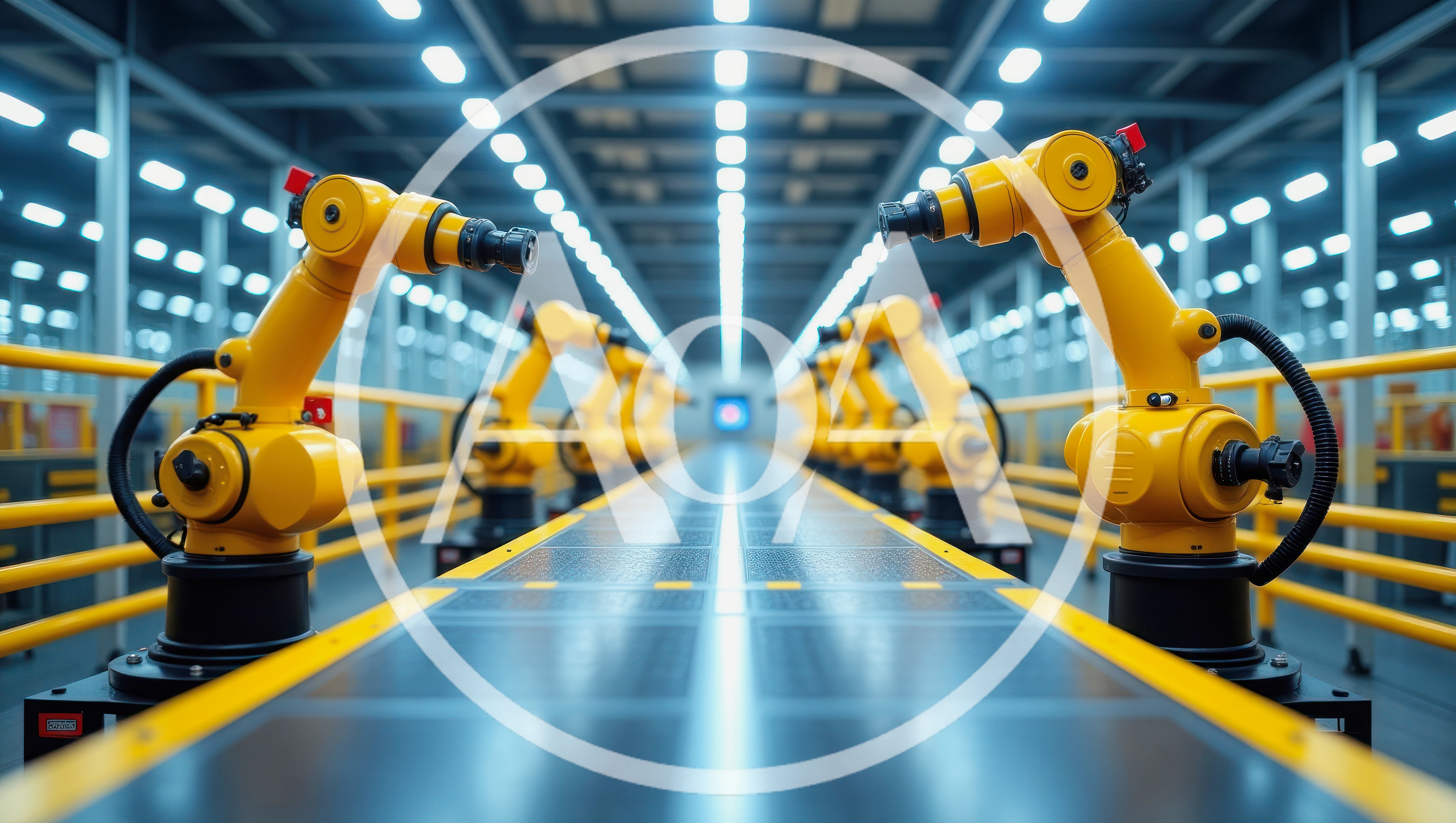 Yellow Robotic Arms On An Automated Factory Assembly Line