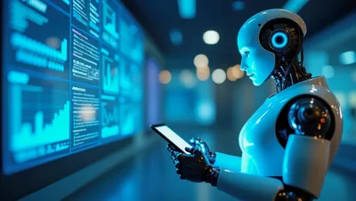 Humanoid Robot Analyzing Data on Digital Screen