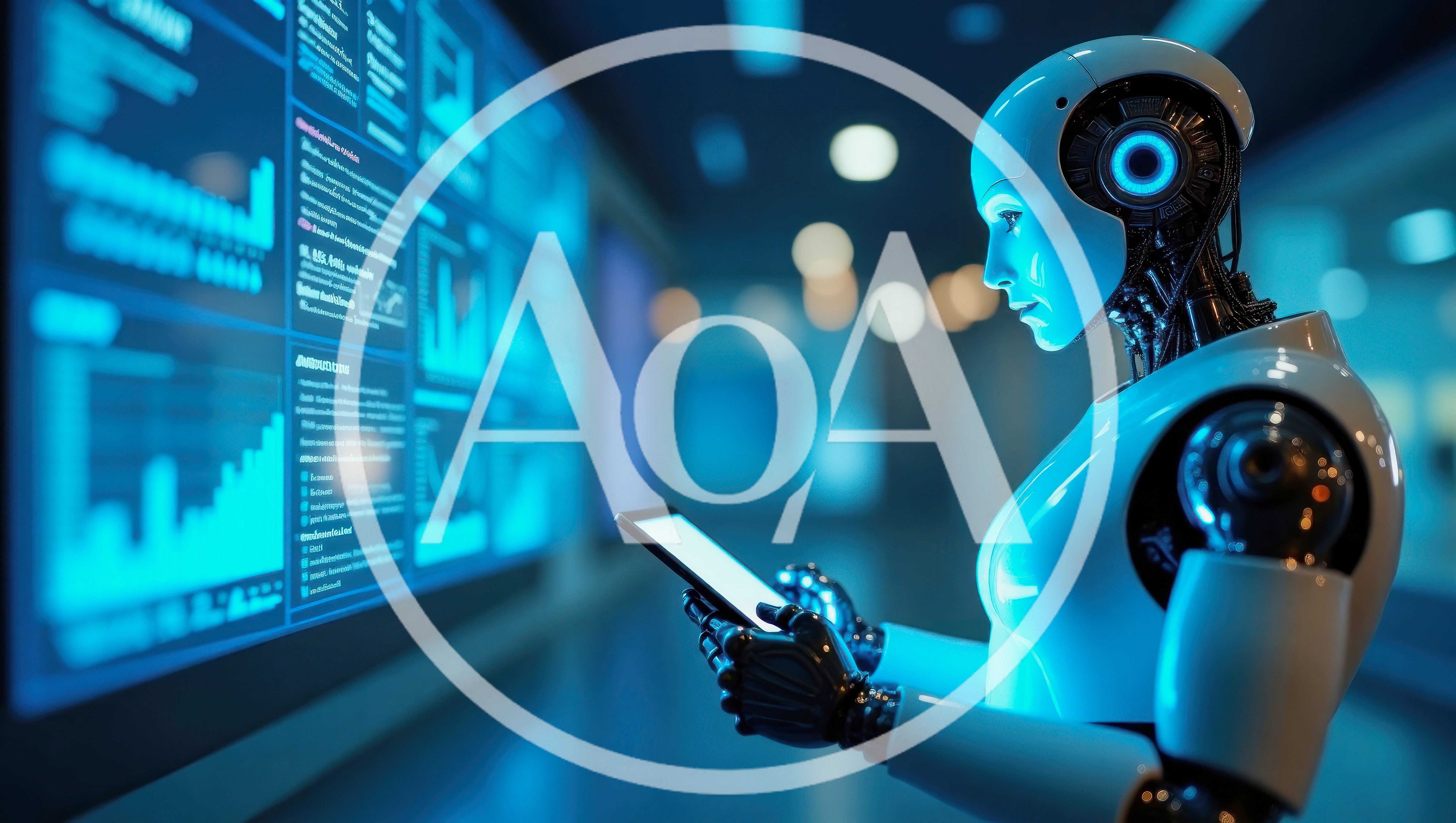 Humanoid Robot Analyzing Data on Digital Screen