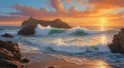 Ocean Waves Crashing Against Rocky Shoreline At Sunset
