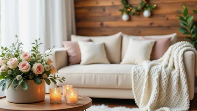 Cozy Living Room Interior With Flowers And Candles