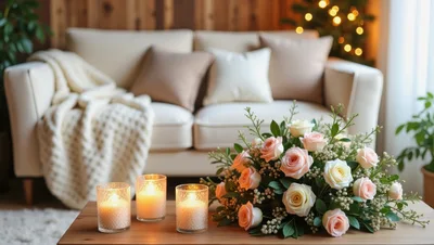 Cozy Living Room With Flowers And Candles