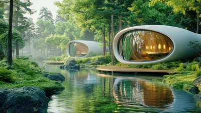 Futuristic Oval Pod Houses In A Lush Forest