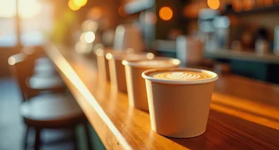 Row Of Paper Coffee Cups On A Cafe Counter