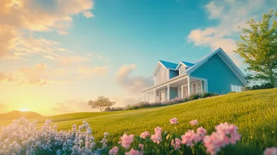 Blue House On A Grassy Hill At Sunset