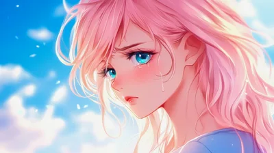 Anime Girl With Pink Hair Crying Against Blue Sky
