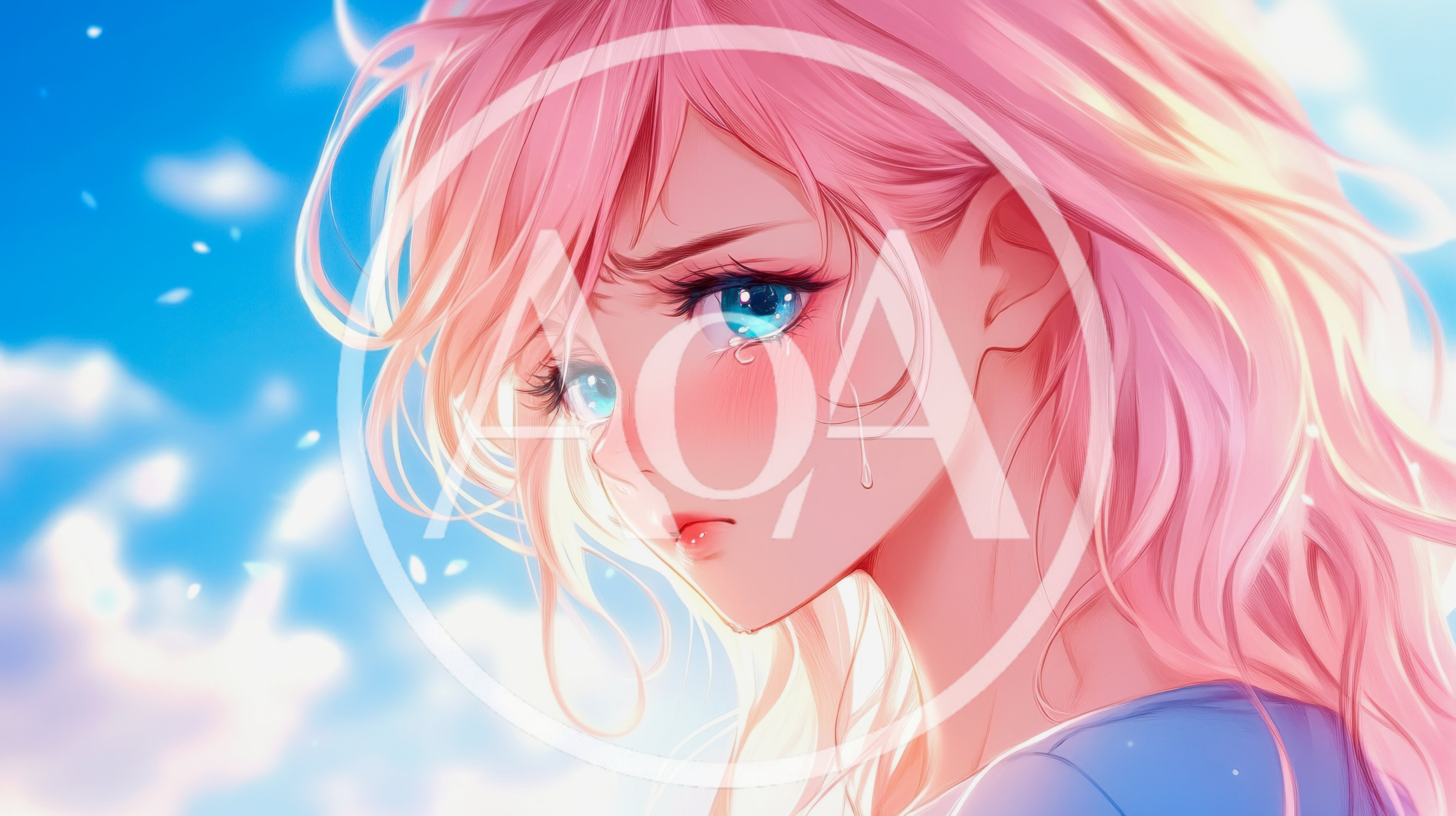 Anime Girl With Pink Hair Crying Against Blue Sky