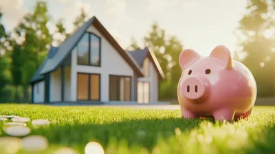 Pink Piggy Bank Standing On Green Grass Before House
