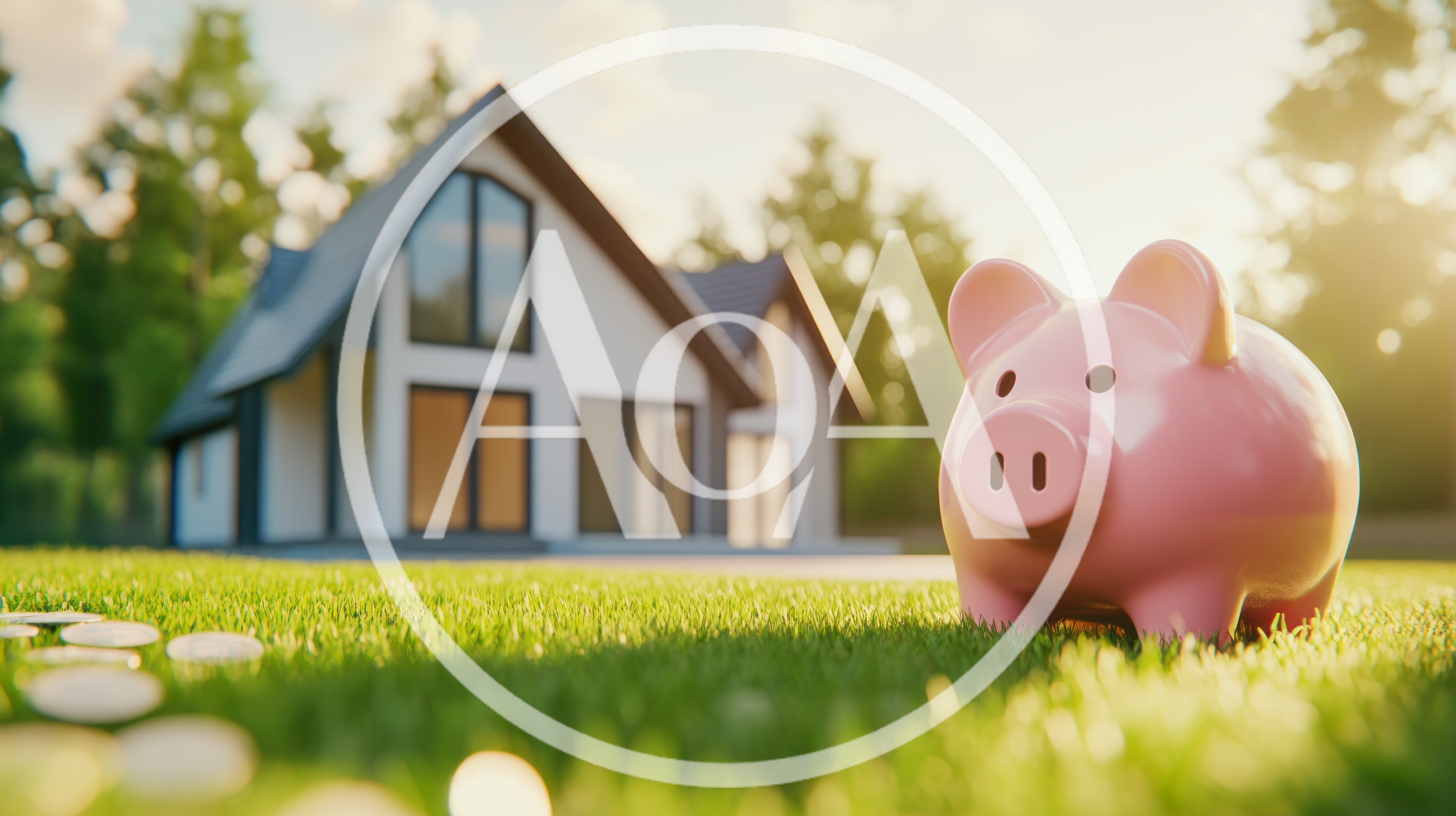 Pink Piggy Bank Standing On Green Grass Before House