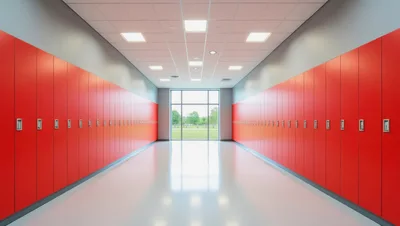 Empty School Hallway With Red Lockers