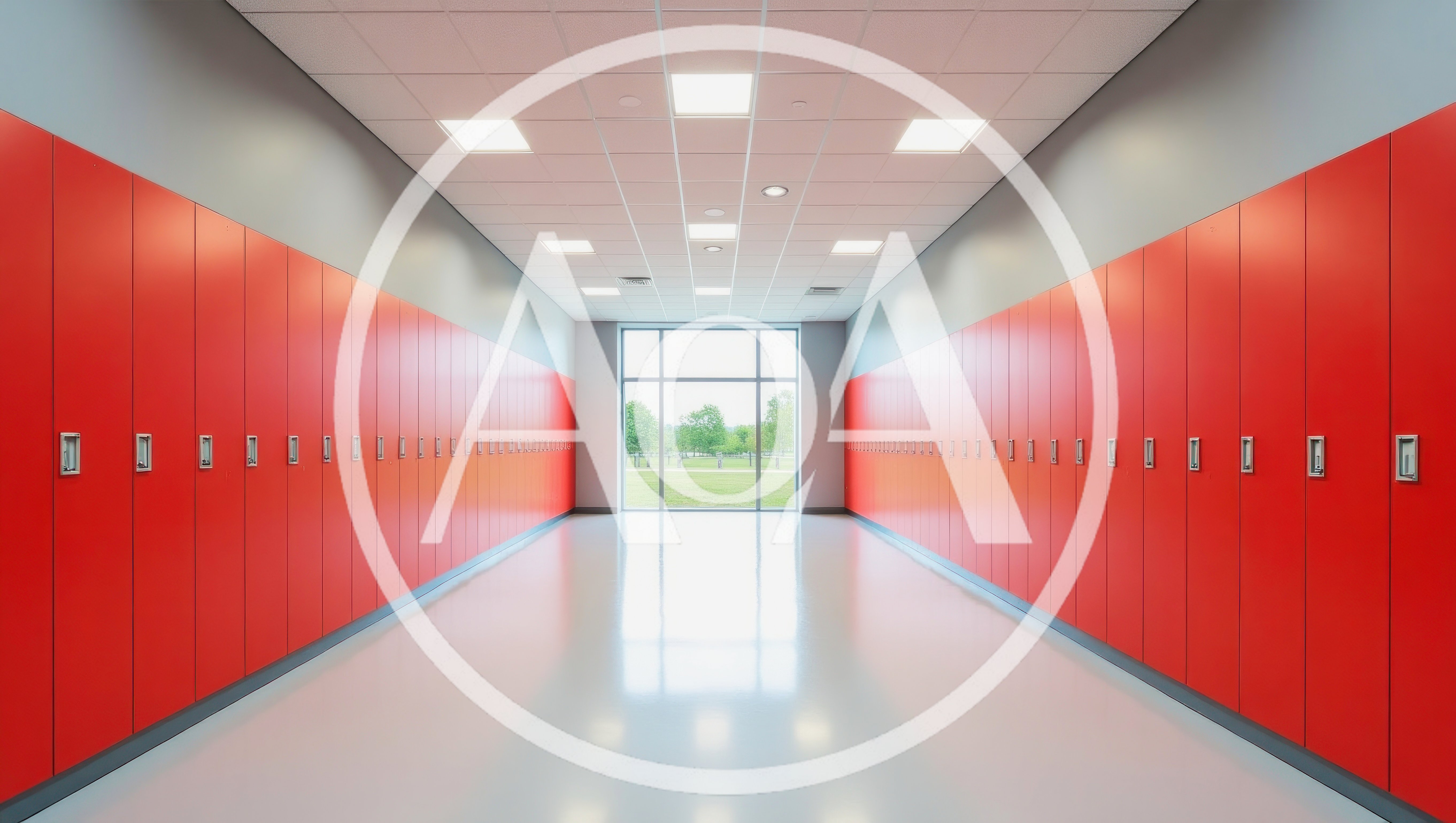 Empty School Hallway With Red Lockers