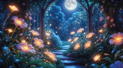 Enchanted Garden Path Under Full Moon