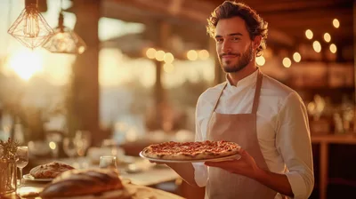 Professional Chef Serving Freshly Baked Pizza In Restaurant