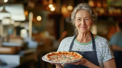 Smiling Mature Woman Holding Freshly Baked Pizza