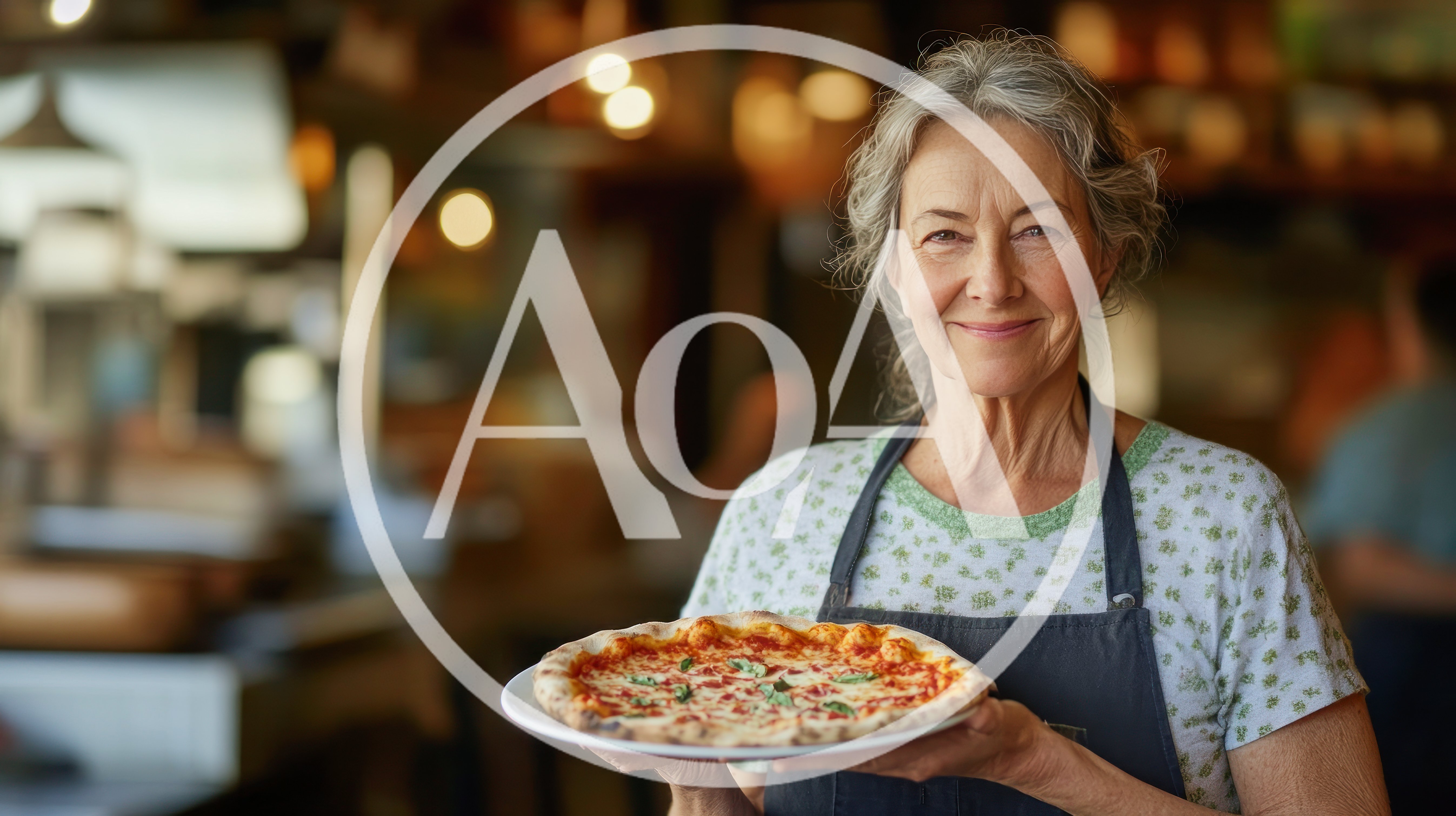 Smiling Mature Woman Holding Freshly Baked Pizza