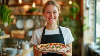 Smiling Waitress Holding Freshly Baked Pizza In Restaurant