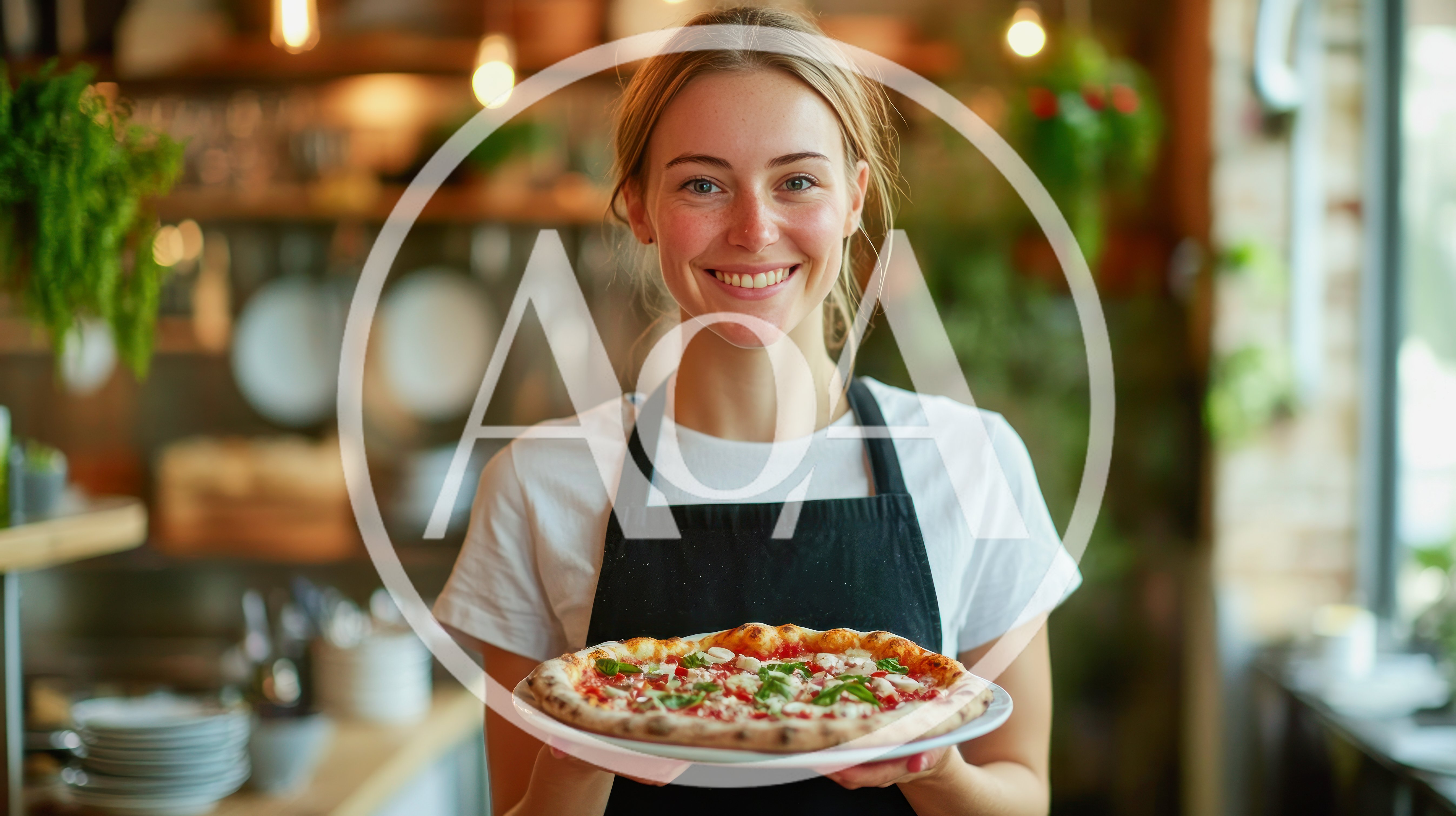 Smiling Waitress Holding Freshly Baked Pizza In Restaurant