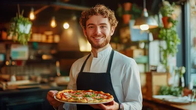 Smiling Chef Holding Freshly Baked Pizza In Restaurant