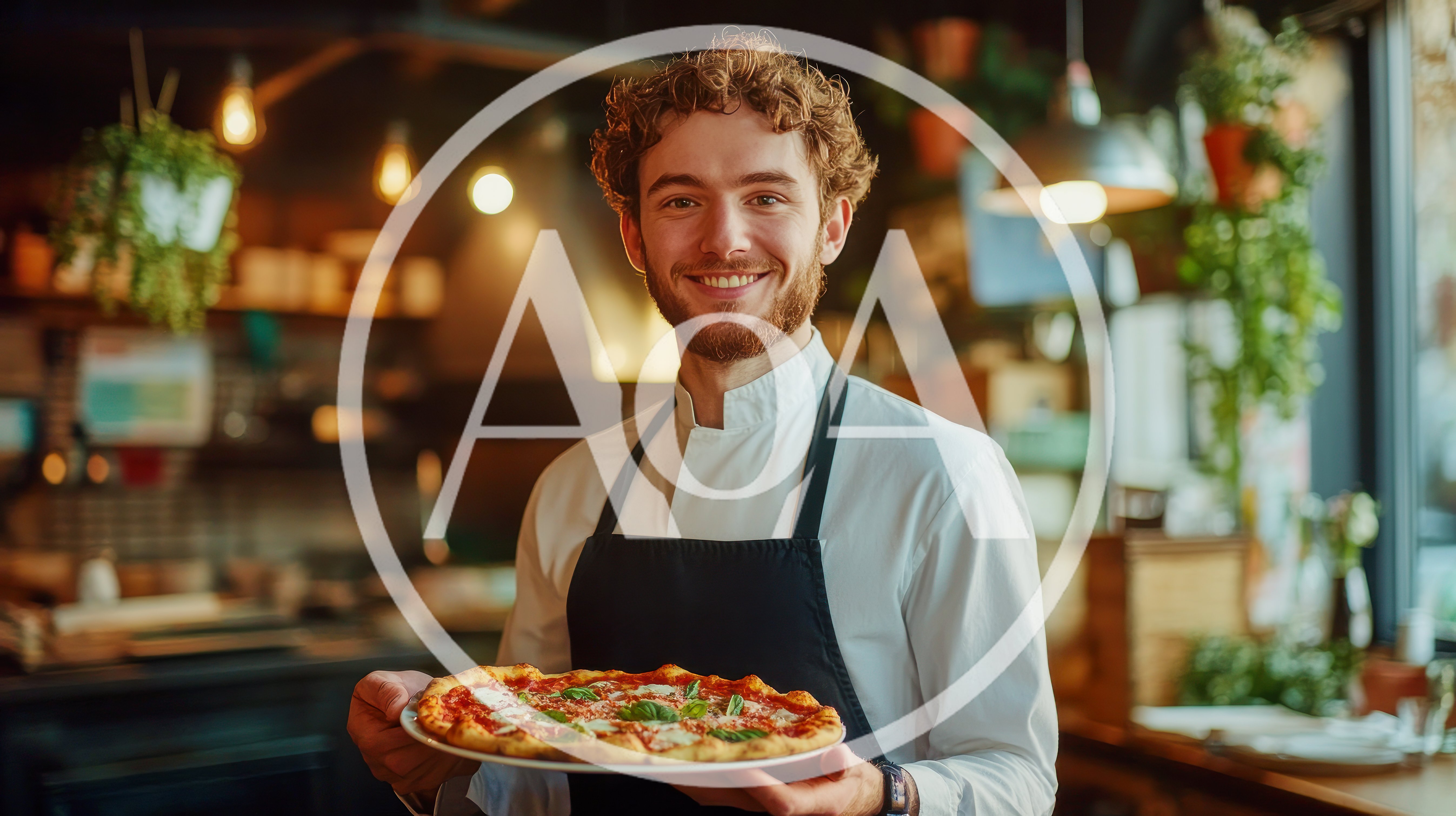 Smiling Chef Holding Freshly Baked Pizza In Restaurant
