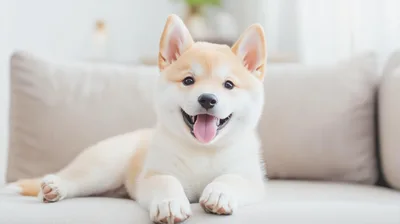 Adorable Shiba Inu Puppy Resting On A Sofa
