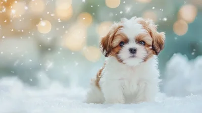 Adorable Shih Tzu Puppy Sitting In The Snow