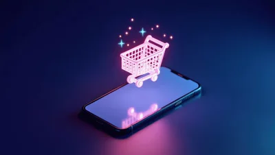Neon Shopping Cart Floating Above Smartphone Screen