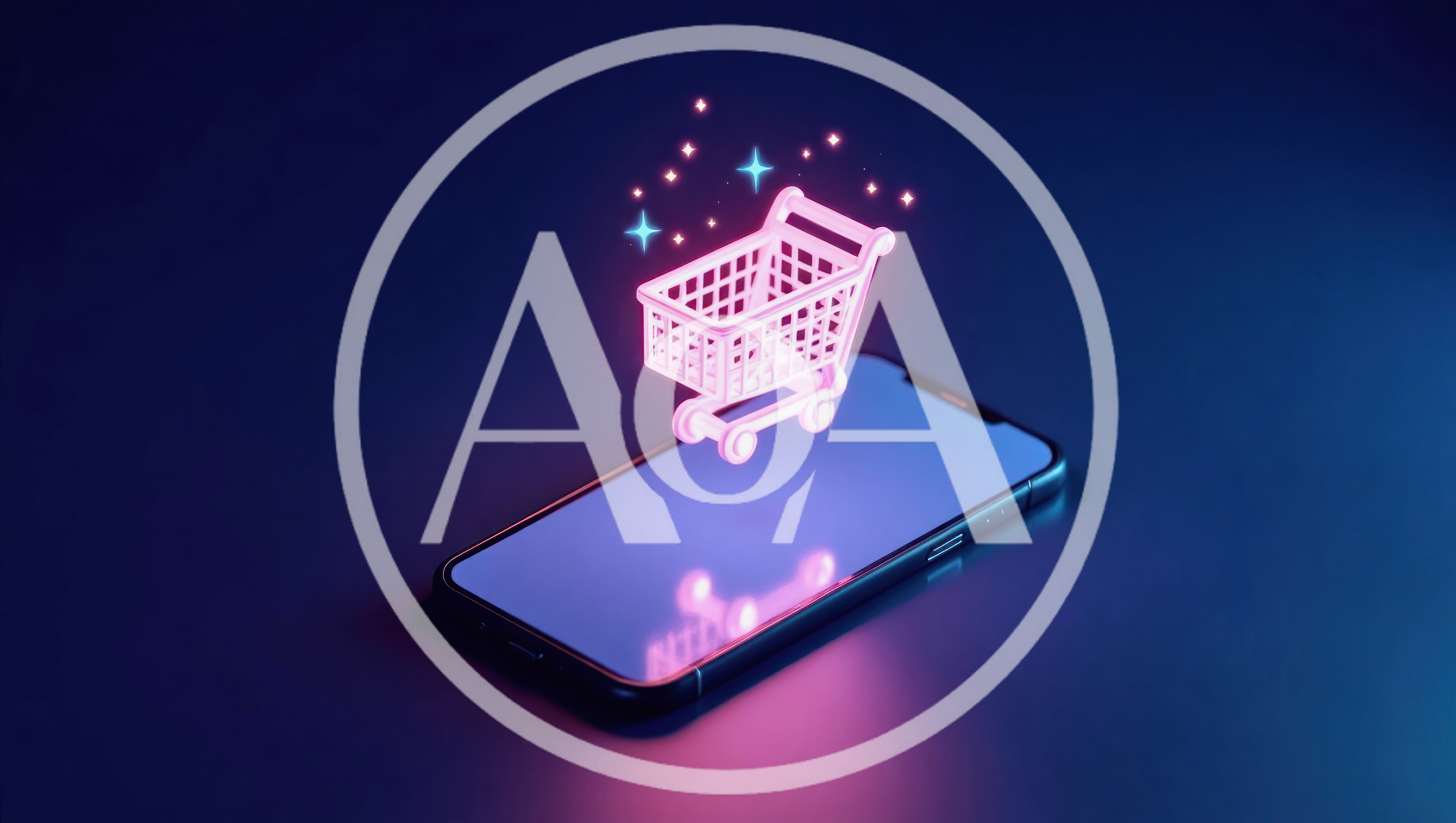 Neon Shopping Cart Floating Above Smartphone Screen