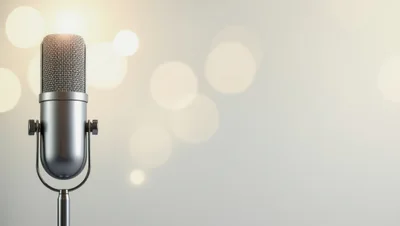Professional Silver Studio Microphone on Blurred Bokeh Background