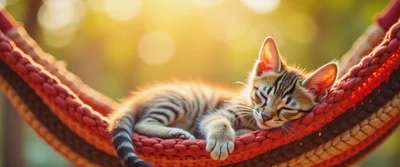 Cute Tabby Kitten Sleeping In A Knitted Hammock