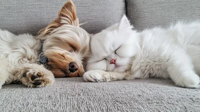 Yorkshire Terrier and White Persian Cat Sleeping Together