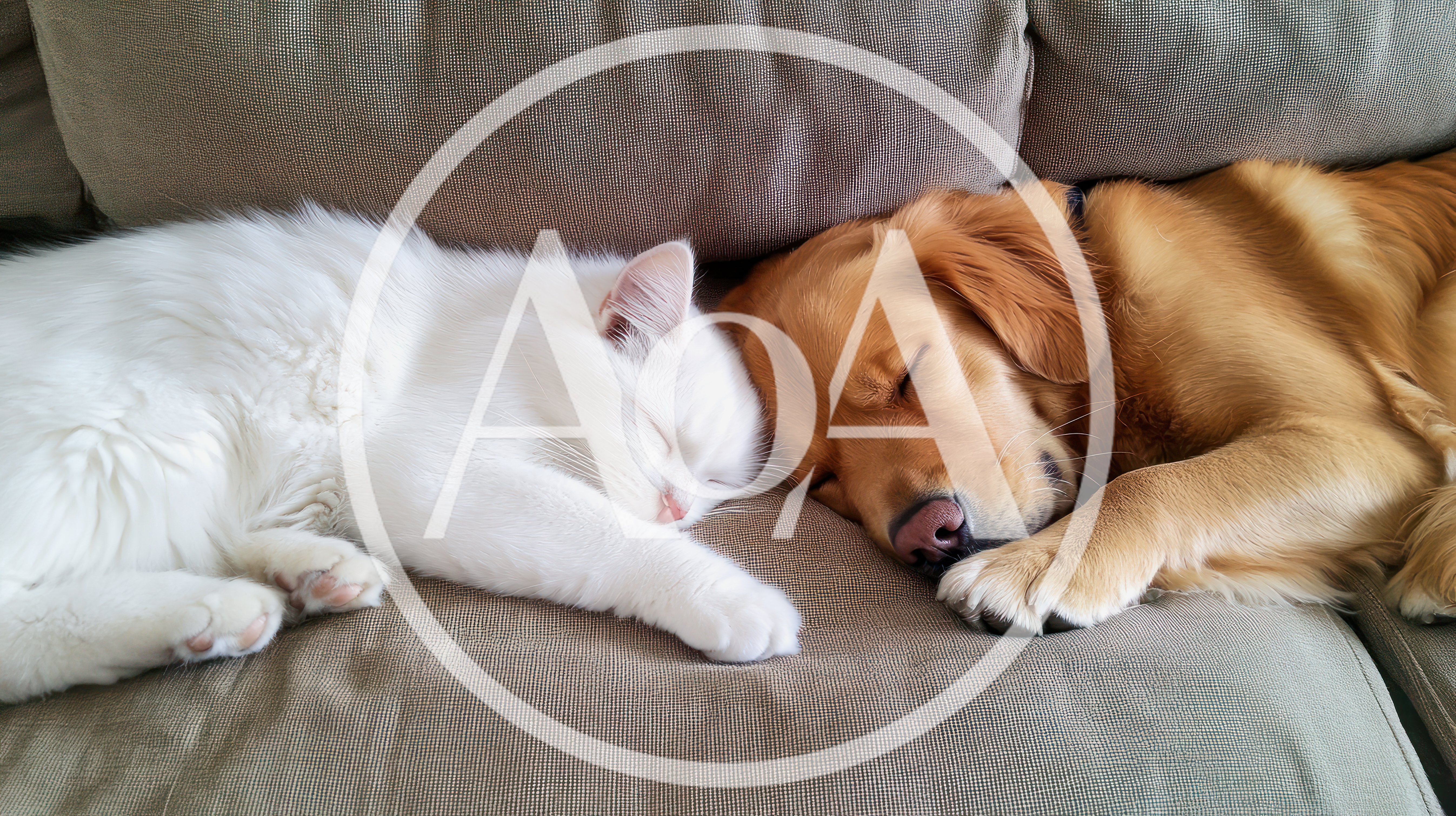 Golden Retriever and White Cat Sleeping Together on Sofa