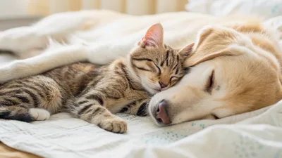 Tabby Kitten Sleeping With Golden Retriever Dog