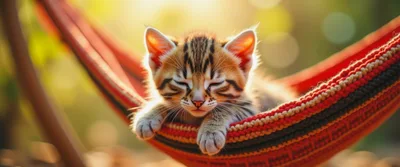 Cute Tabby Kitten Sleeping In A Red Hammock
