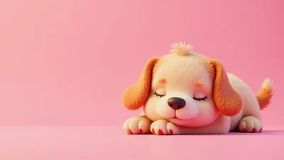 Cute Cartoon Puppy Sleeping On Pink Background