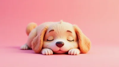 Cute Cartoon Puppy Sleeping On Pink Background