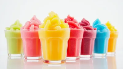Colorful Frozen Yogurt Desserts In Glass Cups