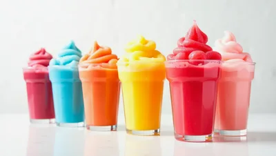 Six Colorful Frozen Yogurt Cups In A Row