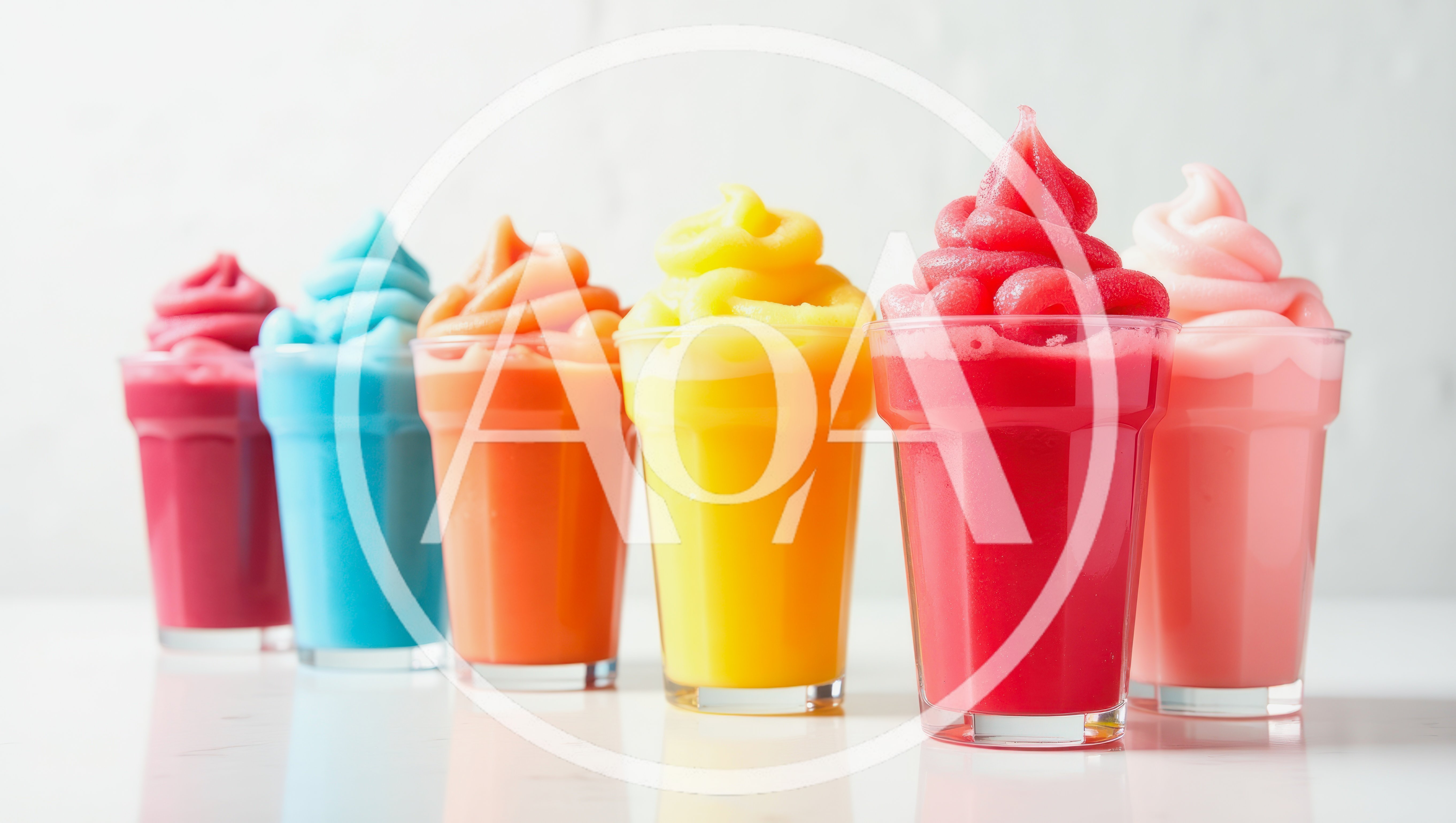 Six Colorful Frozen Yogurt Cups In A Row