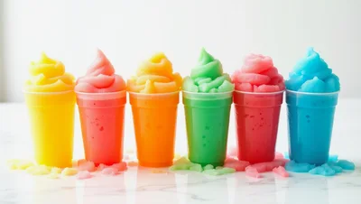 Six Colorful Frozen Slushy Drinks In Plastic Cups