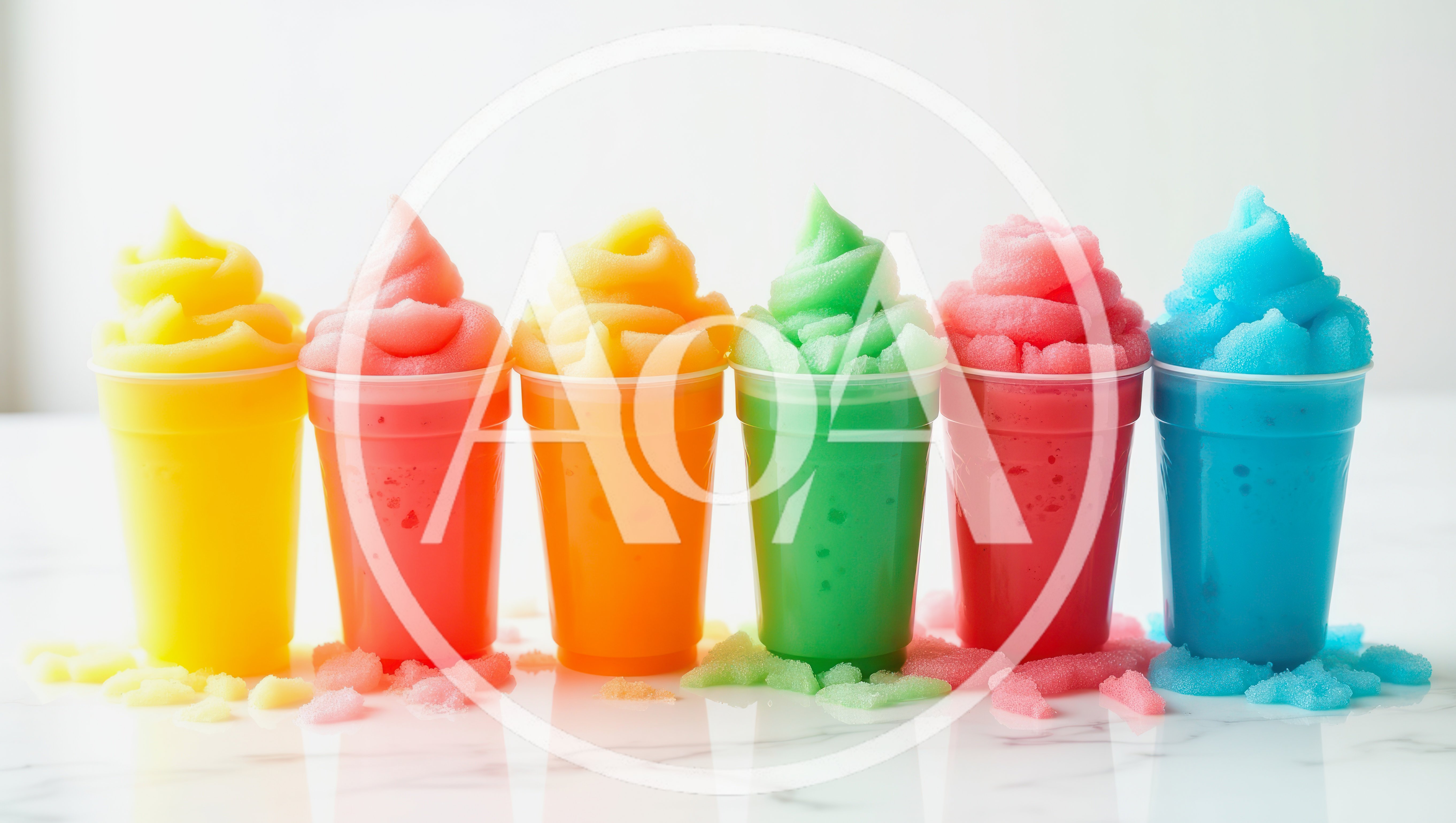 Six Colorful Frozen Slushy Drinks In Plastic Cups