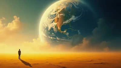 Lone Person Standing Before A Giant Earth In Desert