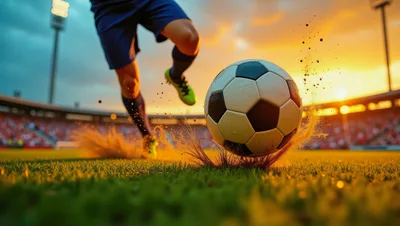 Soccer Player Kicking Ball On Stadium Field