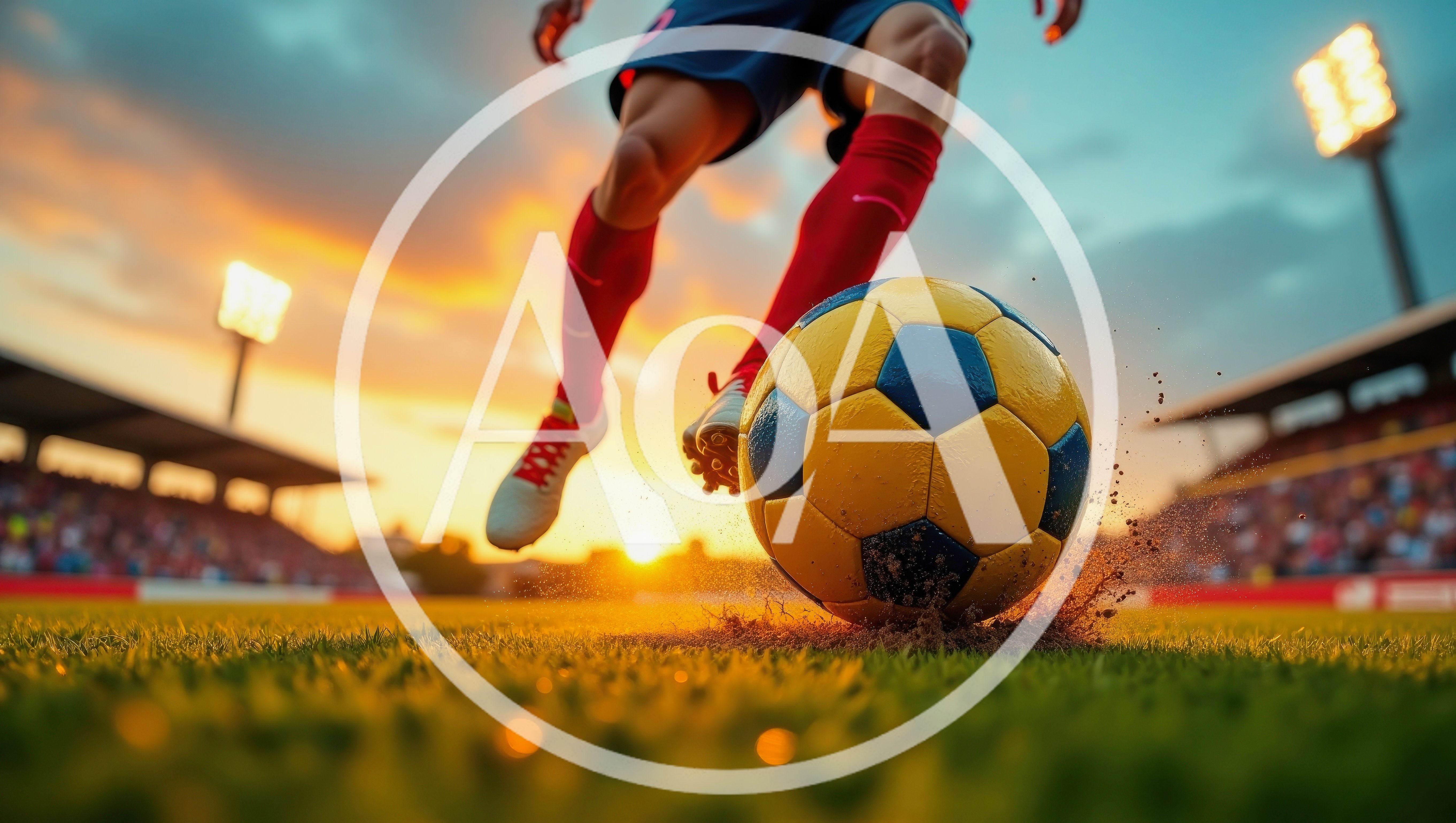 Soccer Player Kicking Ball On Stadium Field At Sunset