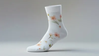 White Sock With Floral Pattern On Grey Background
