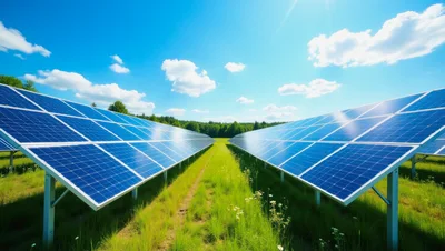 Solar Panel Farm In A Green Field