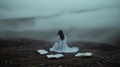 Woman In White Dress Sitting With Open Books