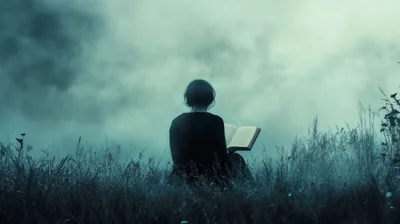 Woman Reading A Book In A Misty Field