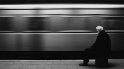 Elderly Man Sitting Alone on Subway Platform