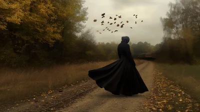 Person In Black Cloak Walking On Autumn Path