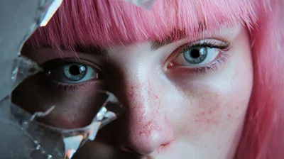 Close Up Portrait Of A Woman With Pink Hair
